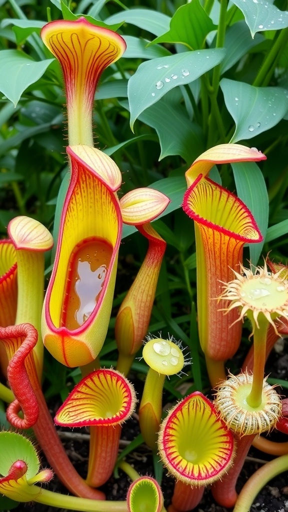 A collection of carnivorous plants including Venus flytrap, pitcher plant, and sundew in a natural setting.